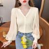 Spring Autumn New Spliced Knitted Top Women's V-neck Long Sleeve Knittwear T-shirt Solid Color Bottoming Shirt