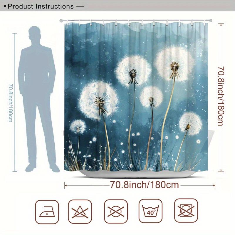 1pc Dandelions in Blue Breeze Shower Curtain - 5 Dandelions, Seed Dispersal, Abstract Blue Background, 70.8x70.8", 12 Hooks