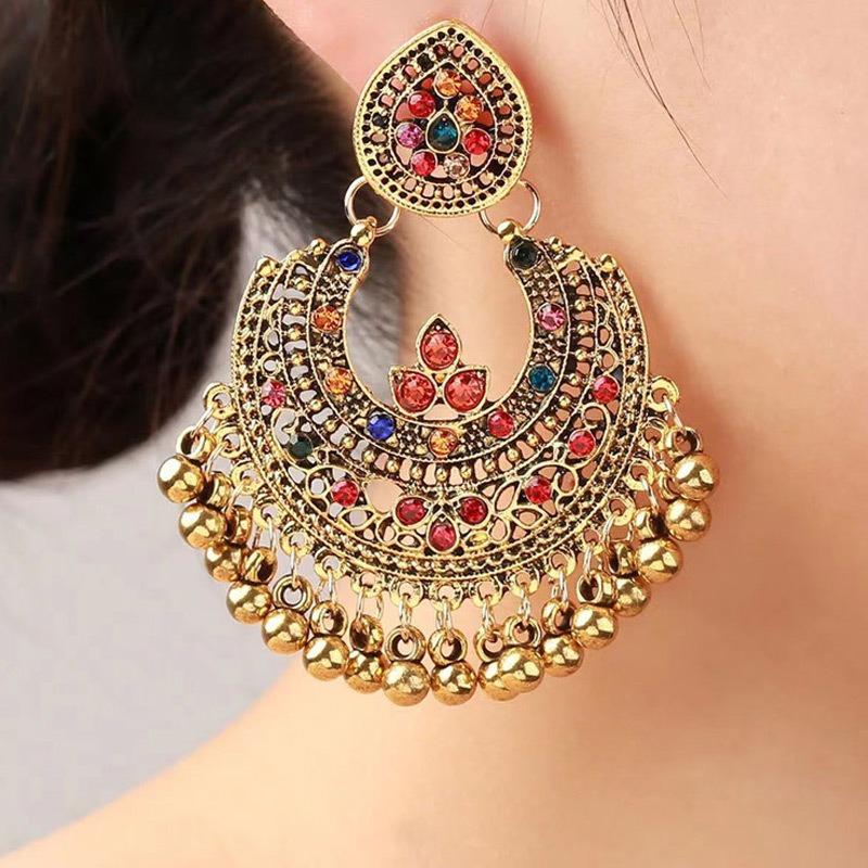 European, American Bohemian Hot-selling Retro Court Flash Diamond Fan-shaped Ball Bead Temperament Women s Earrings