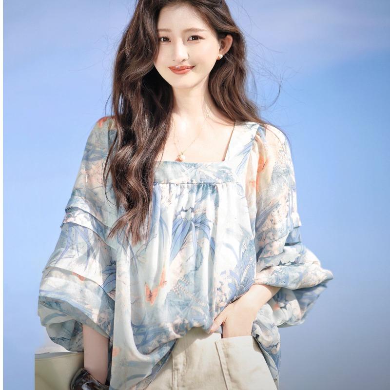 Womens Floral Print Off Shoulder Ruffle Sleeve Chiffon Blouse S