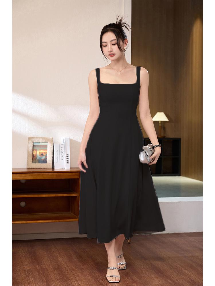 Elegant French Style Acetate Crinkled Strappy Long Dress for Mature Women