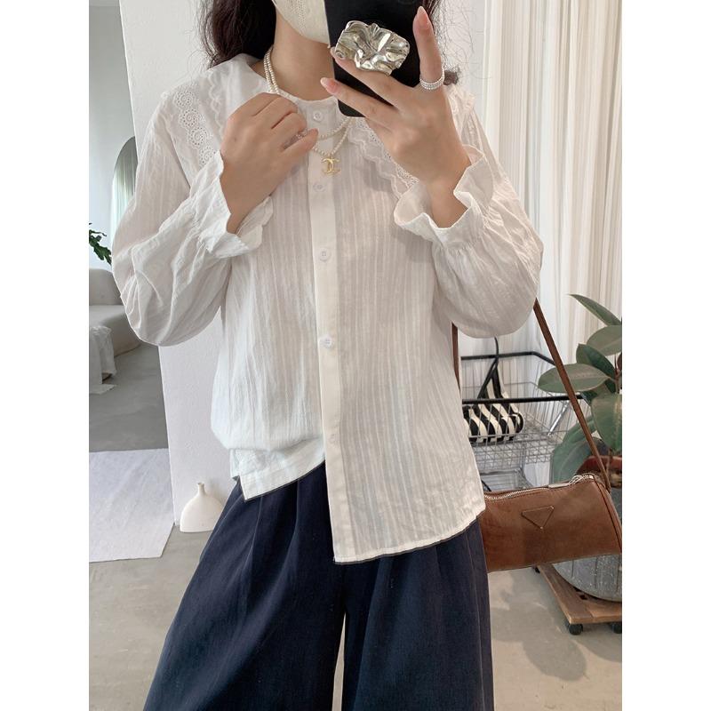 Spring Autumn Polo-neck Sweet Single Breasted Shirt Women Long Sleeve Casual White Cotton Blouse Cardigan Top