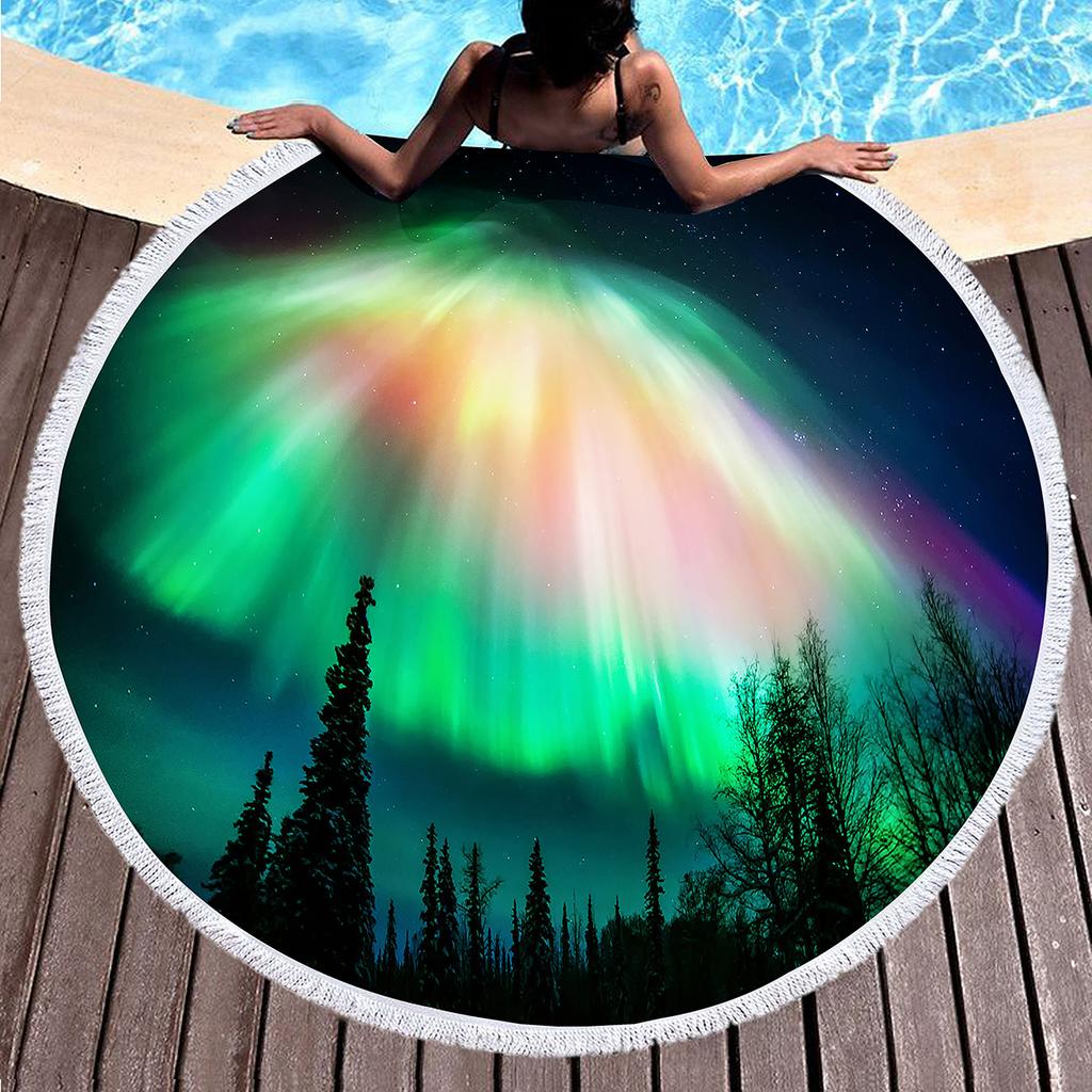 Aurora Print Round Beach Towel,Polyester Sand Resistant Beach Blanket,Soft Absorbent Quick Dry Pool Towel Portable Picnic Mat
