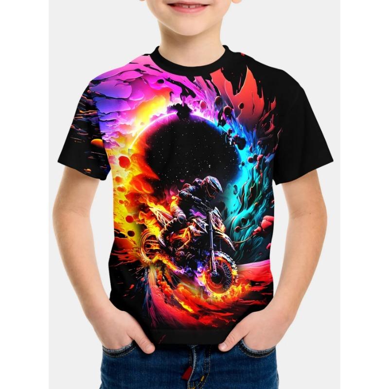 Summer Round Neck 3D Printed Motorcycle Rider Pattern Top Fashionable Casual Short Sleeved Children's Boy T-shirts
