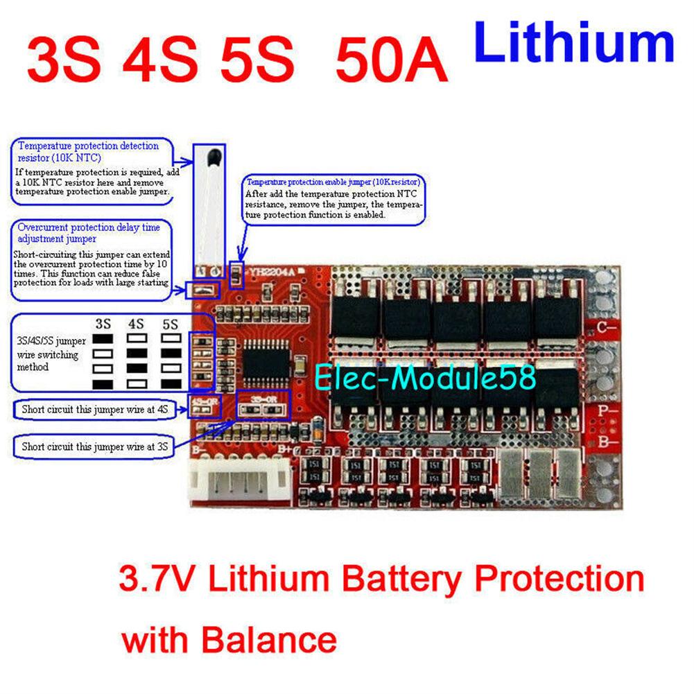 50A BMS Protection Board Balance for 3s 4s 5s 12.6V 16.8V 21V Li-ion Cell Bat with Balance Power Tool Inverter Solar Energy