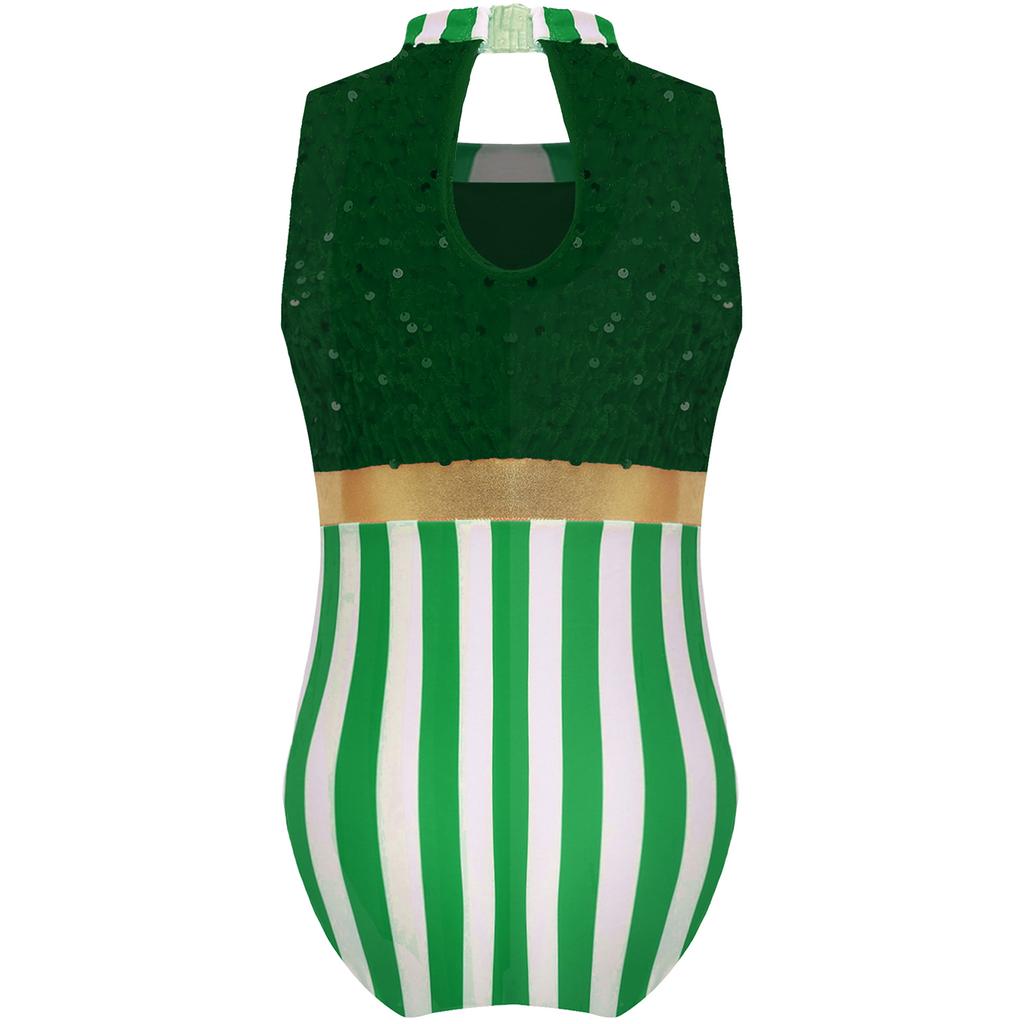 Girls Candy Cane Costume Sleeveless Stripes Sequins Bodysuit Figure Skating Jumpsuit Christmas Party Outfit