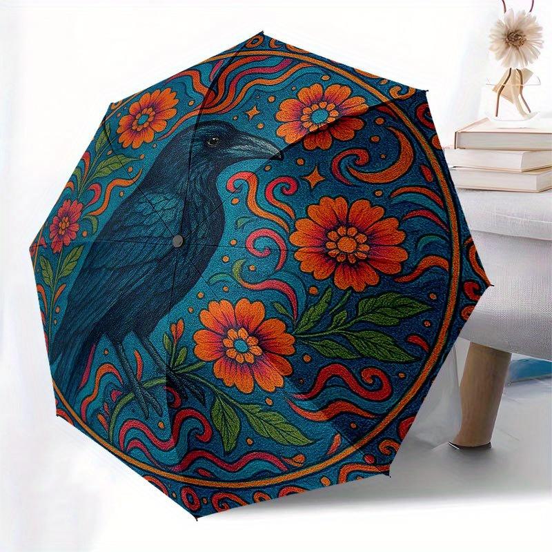 Bunter Floraler Rabe Kunst Druck: Lebendiger Naturdesign-Schirm, Tragbarer 3-fach Kompakt-Schirm für Damen & Herren R140