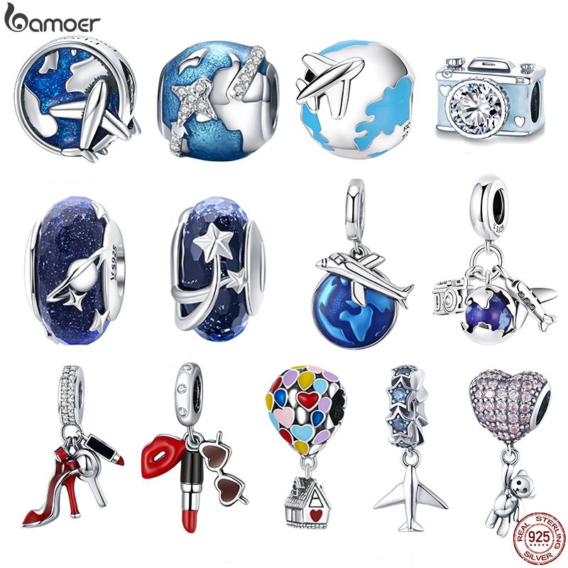 BAMOER 925 Silver Travelling Charms Fit for Silver Snake Bracelet Bangle Balloon Pendant Dainty Camera Beads Jewelry