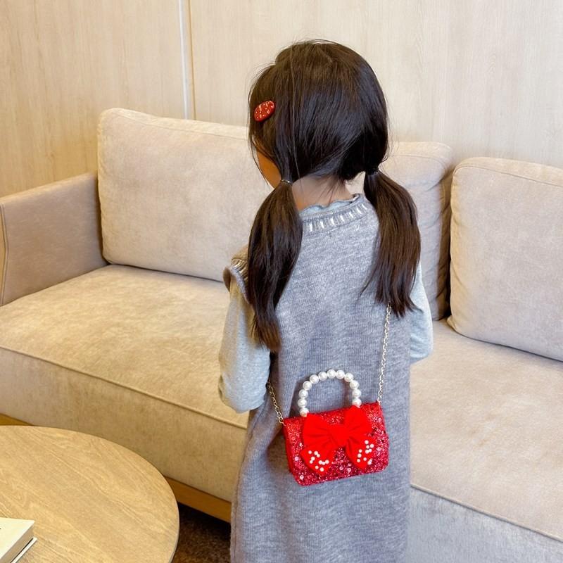 Kids Red Delightful Handbag With Stylish Chain And Charming Bow For Style Daily