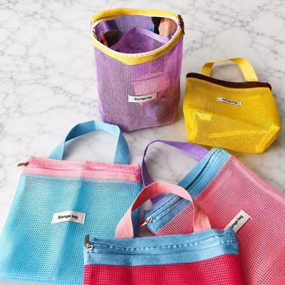 Summer Color-Blocked Mesh Makeup Bag - Soft Color Makeup Bag With Drain Holes - Large Shower Organizer - Travel Essentials