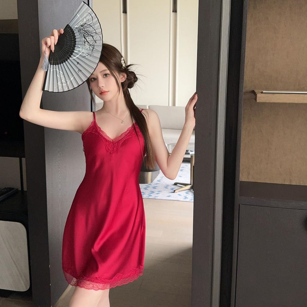 Sexy pajamas ice silk summer thin style with chest pad new pure desire French lace silk suspender nightdress