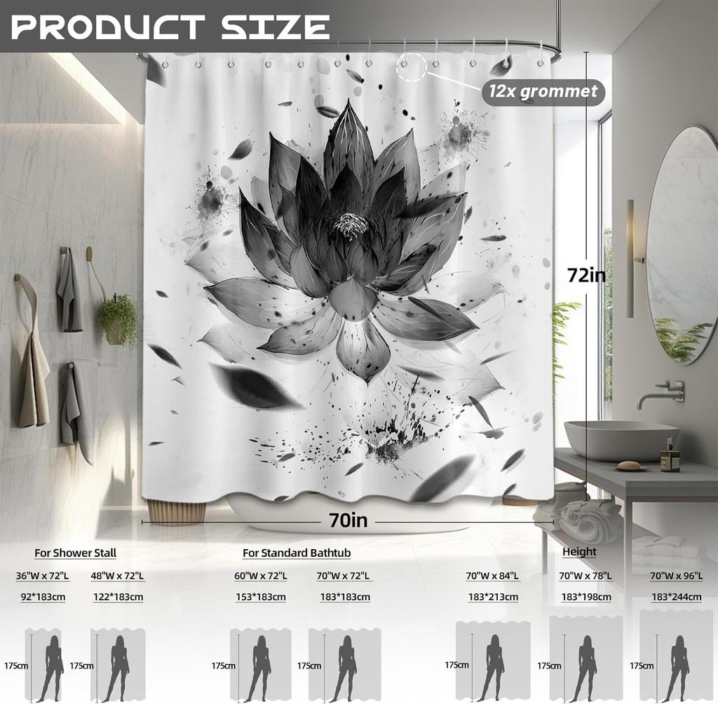 Black And White Lotus Shower Curtain Japanese Anime Floral Shower Curtains For Mens Bath Curtain Set, Waterproof Cloth Fabric