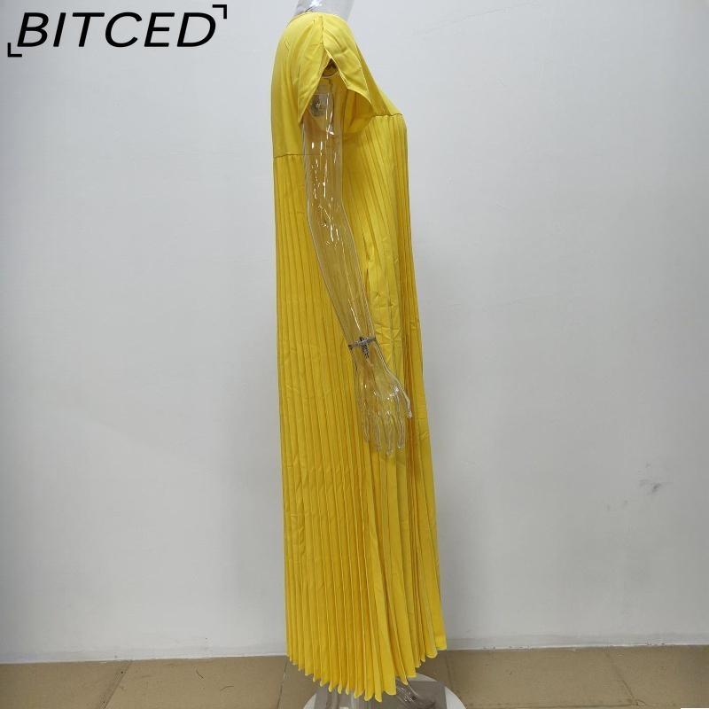 BITCED Herbst Damen Elegantes Mode O-Ausschnitt Ärmelloses Plissee Maxikleid