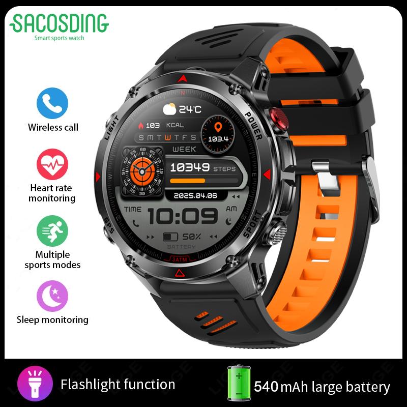 SACOSDING Military Outdoor Sports GPS Smartwatch LED Flashlight 540mAh Battery IP68 Waterproof Compass Bluetooth Call For Xiaomi