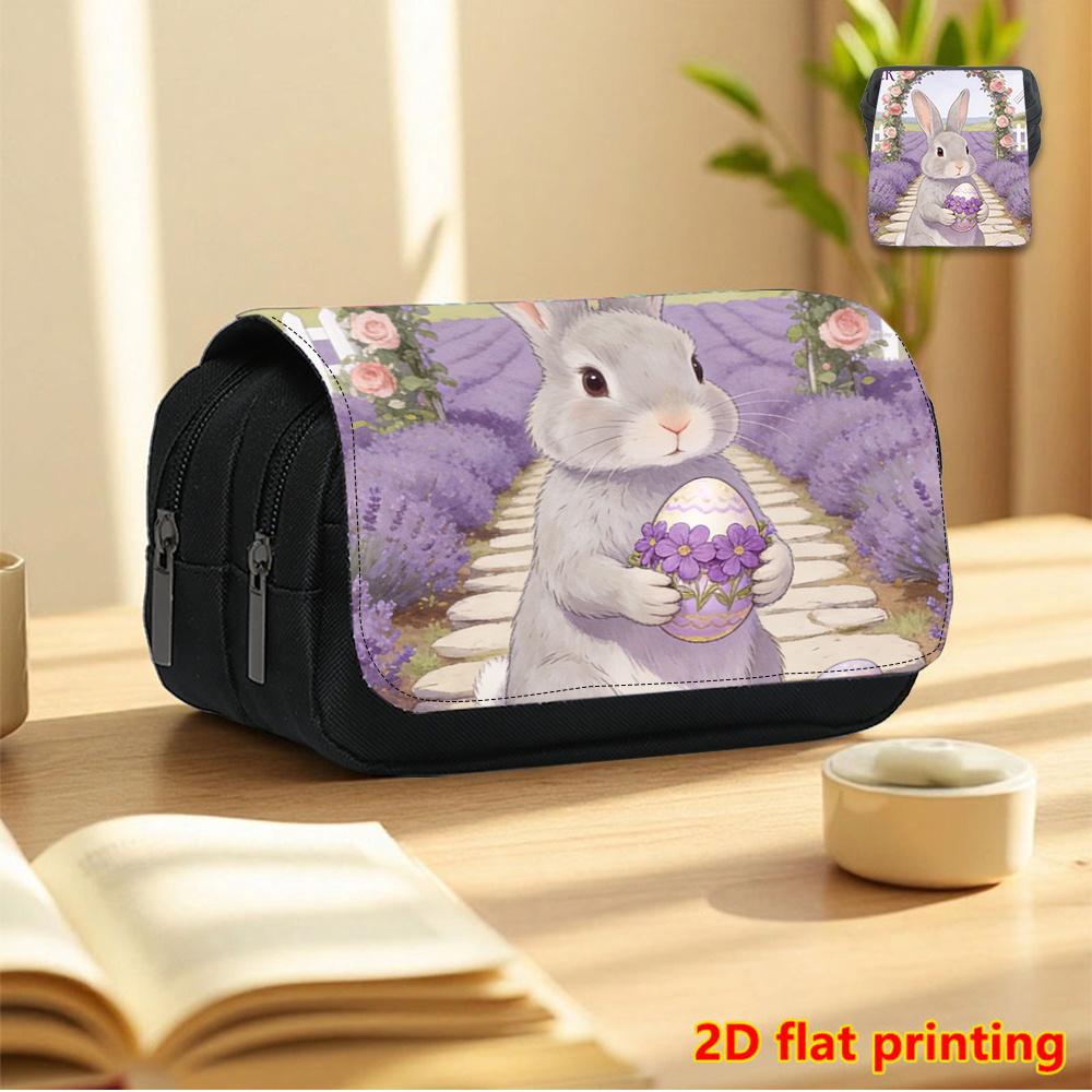 1pc Rabbit Holding Easter Egg Pencil Case Suitable for Boys & Girls, Double-Layer Flip-Top Black School Organizer with Large Capacity, Multifunctional