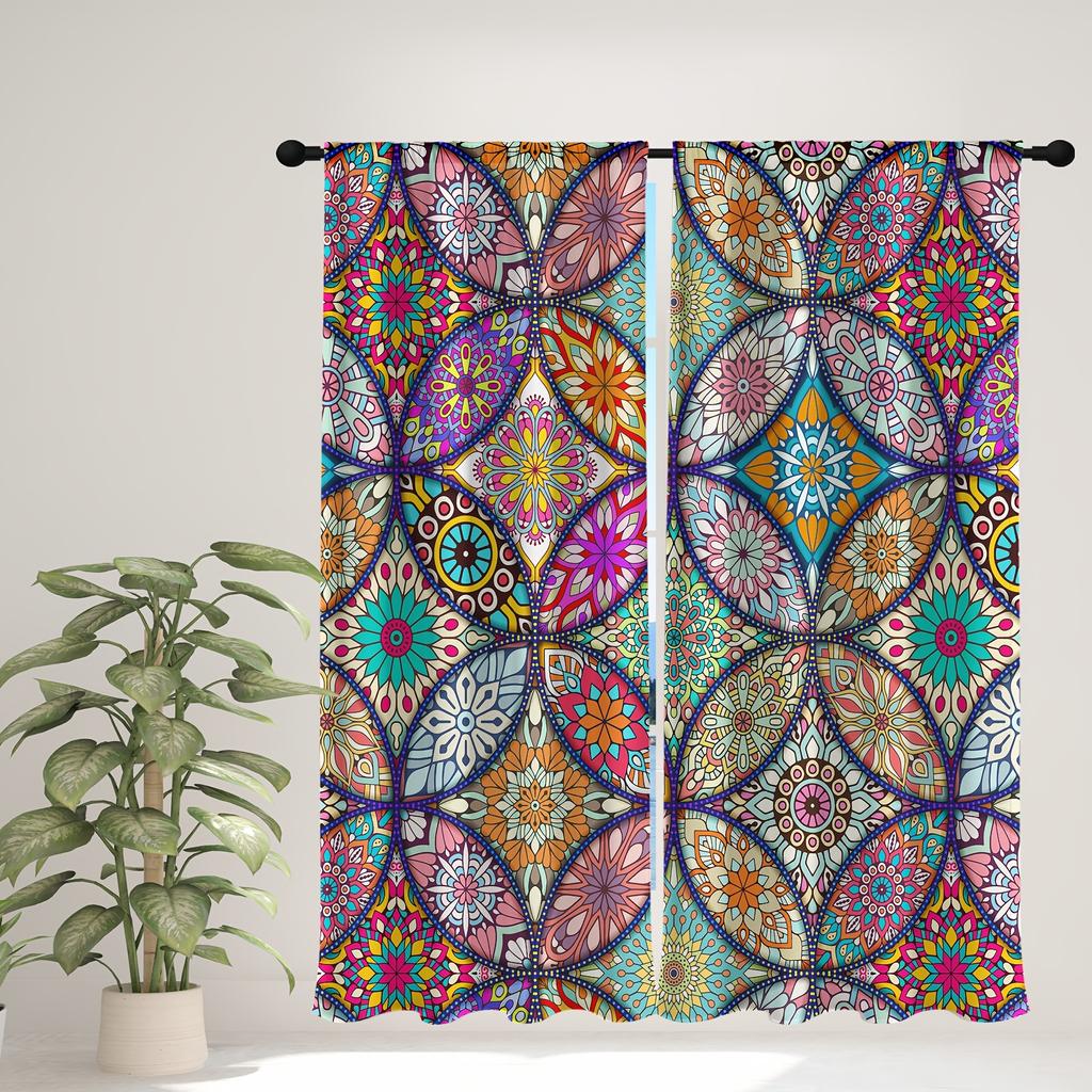 2pc Colorful Bohemian Curtain Rod Pocket Hook Mount Digital Printed Curtain Polyester Material For Living Room Kitchen Bedroom