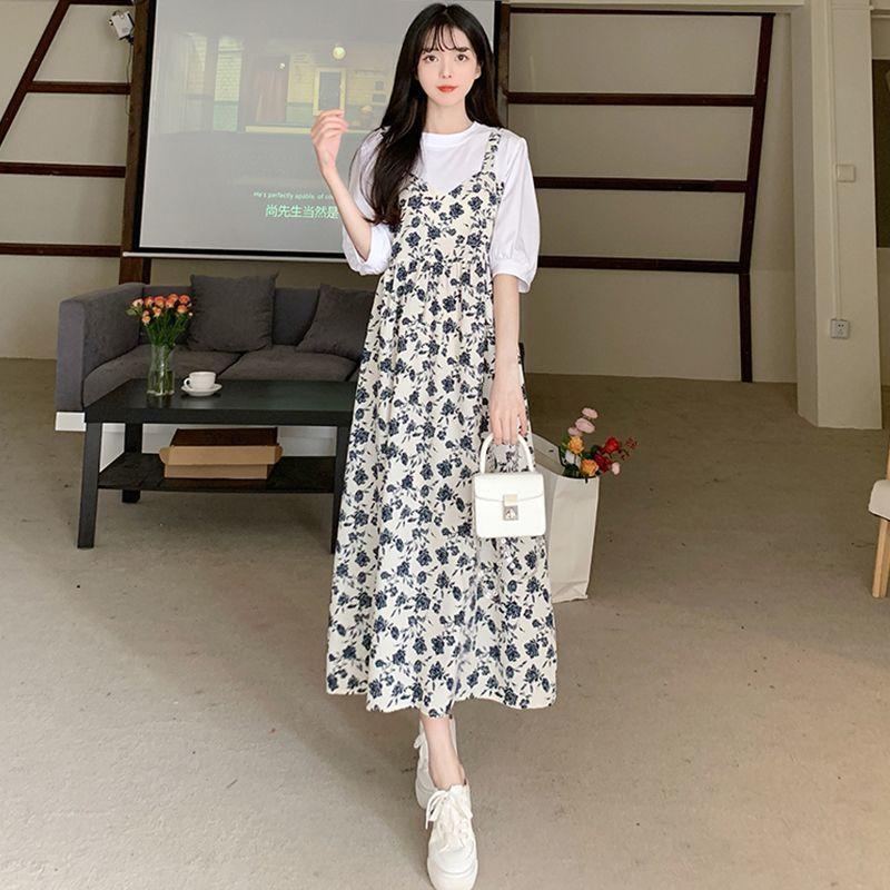 Summer Splicing Fake Two-piece Floral Strap New Dress Fashionable and Thin Loose Short-sleeved Long Dress Korean Version Skirt