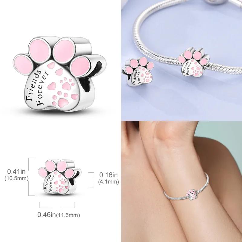 S925 Silver Heart Cat Paw Charms Beads for Women DIY Bracelets Fine Jewelry Birthday Gifts