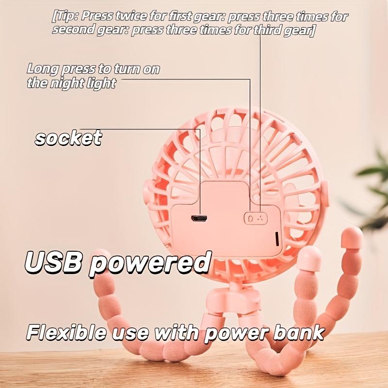 1pc Octopus Mini Fan with Flexible Tripod – USB Charged, Quiet & Adjustable 3-Speed, Soft Wind, Light Feature – Perfect for Gym, Cycling, Car, Desk