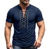 Men's Short Sleeve Shirt Vintage V-Neck Lace-Up Casual Color Summer Top