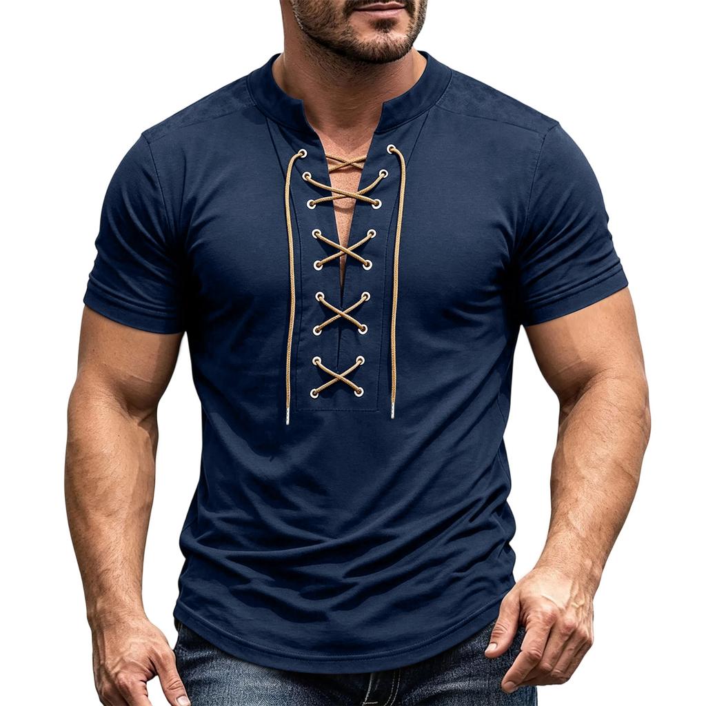Men's Short Sleeve Shirt Vintage V-Neck Lace-Up Casual Color Summer Top