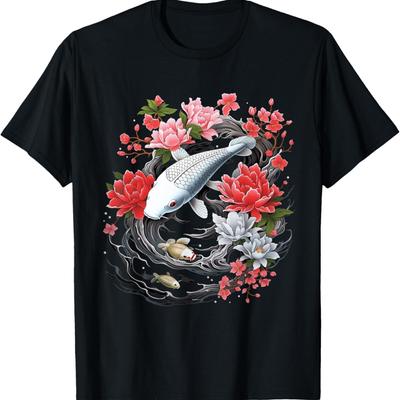 Koi Carp Ying Yang Nishikigoi Fish Cherry Blossom T-Shirt(5)