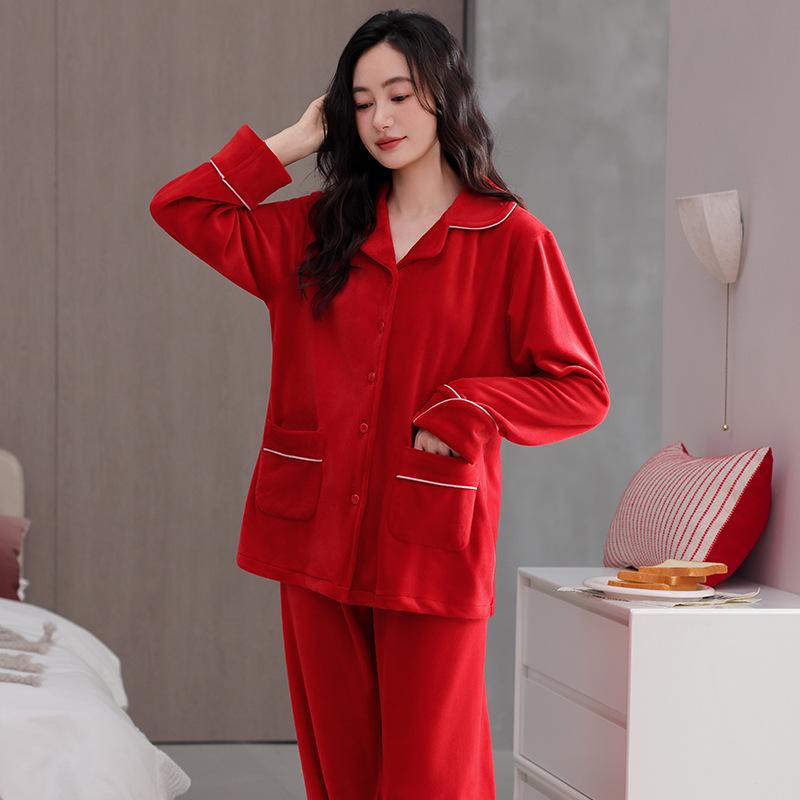Red Pajamas Women'S Autumn And Winter Island Fleece Thickened Fleece Winter Thin Fleece Coral Fleece Natal Year Flannel Loungewear