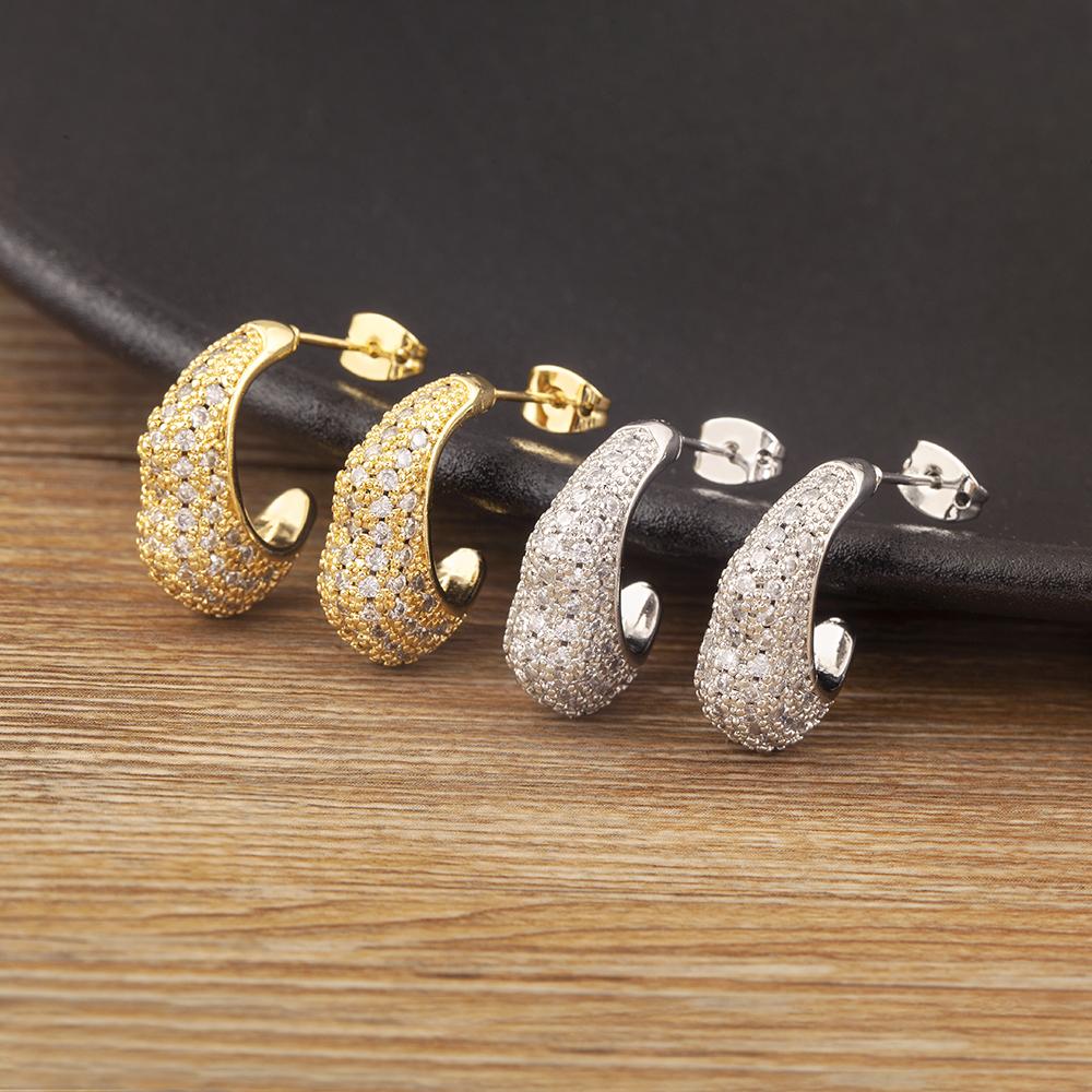 Nidin High Quality Moon Shape Pave Shiny Crystal Zircon Fine Stud Earrings For Women Irregular Geometric Ear Jewelry Accessories