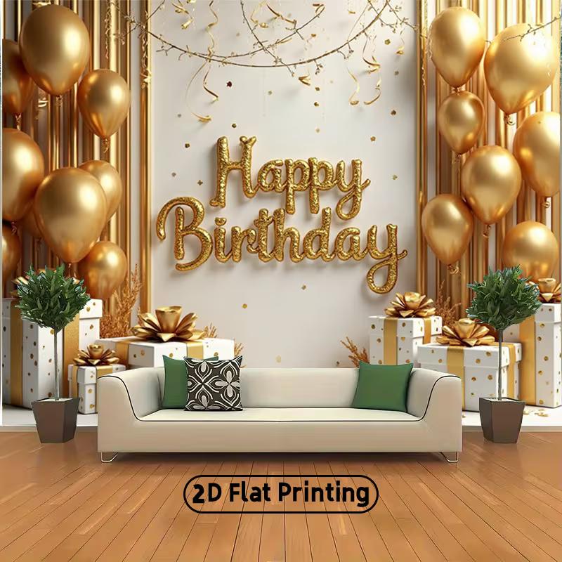 2D Luxury Gold Birthday Backdrop, Glitter Balloon & Gift Background Cloth