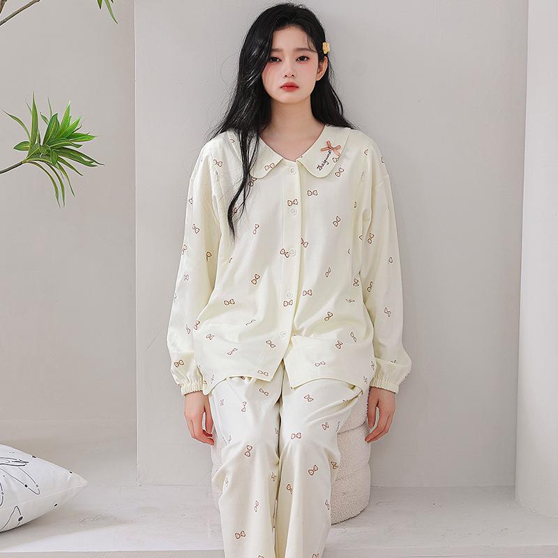 2025 Frühling/Sommer Reine Baumwolle Umstandspyjama für die Zeit nach der Geburt und zum Stillen - Atmungsaktiver Langarm-Cardigan Homewear