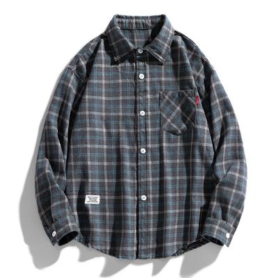 Trendy Brand Large Size Shirt Autumn New Youth Loose Fashion Plaid Shirt Thin Long-sleeved Shirt Men's Lapel