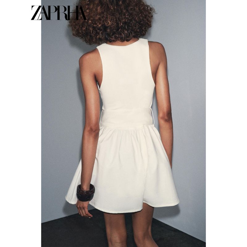 Zaprha 2025 Autumn New French style With Belt Twill Patchwork round Neck Sleeveless Short Dress 0264452