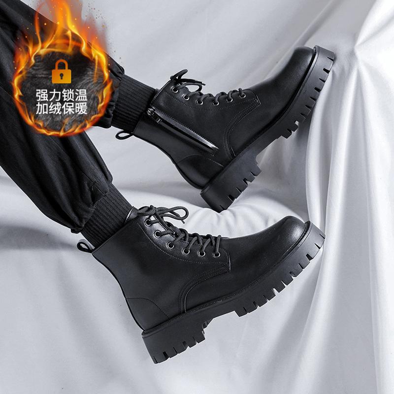 Martin Boots Men's British High-top Boots Soft Leather New Mid-top Leather Shoes Black Tooling Chelsea Short Boots