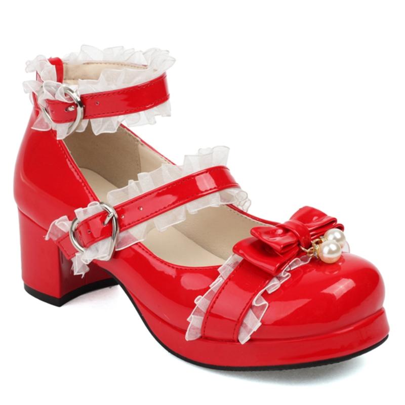 Slingback Högklackade Damskor Lolitas Mary Janes Skor Vår Ankelrem Svart Vit Klackade Bröllopsfestskor Flickor Stor Storlek