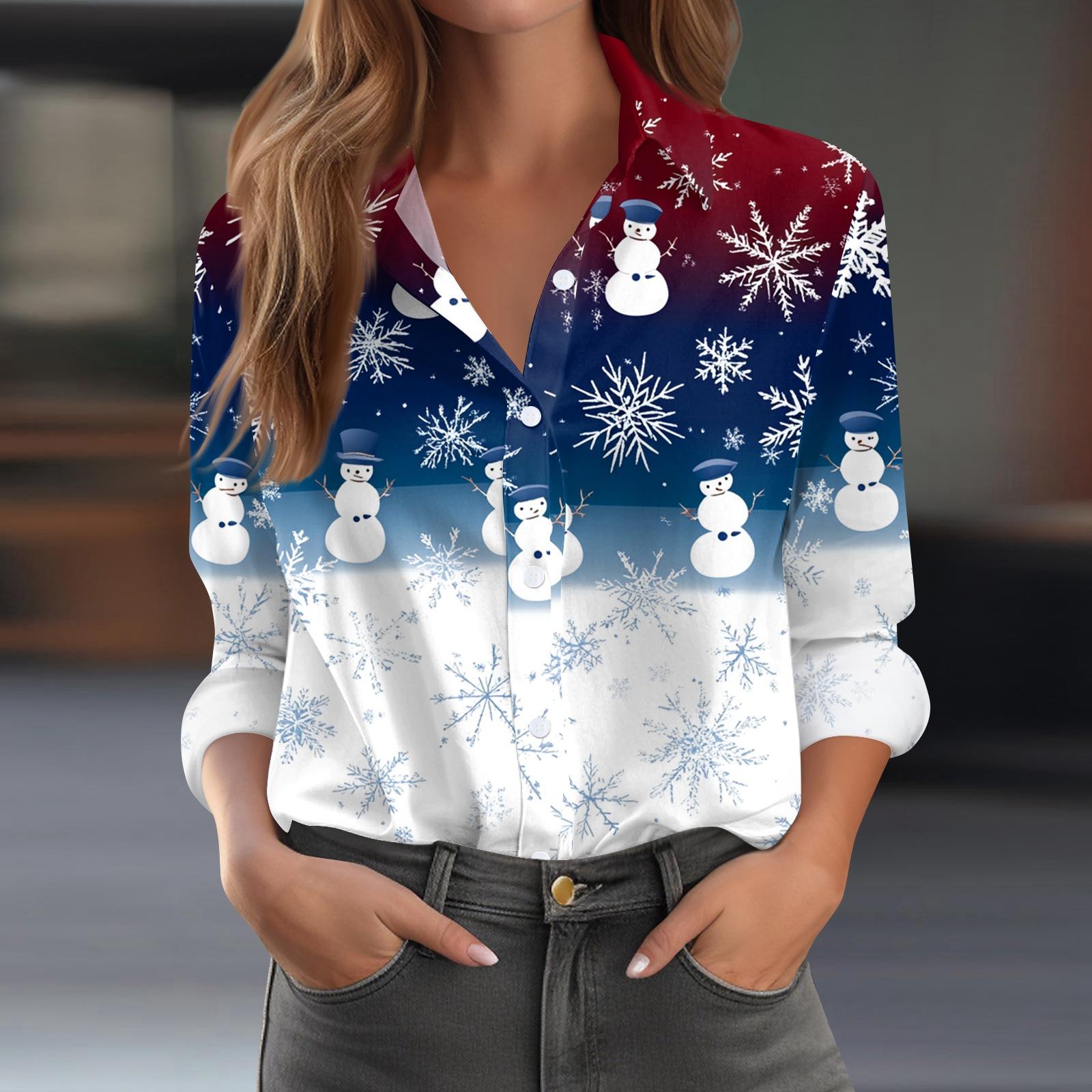 

Женская рубашка-блузка с рождественским принтом и пуговицами, длинный рукав, повседневный базовый рубашечный воротник, обычный топ XL