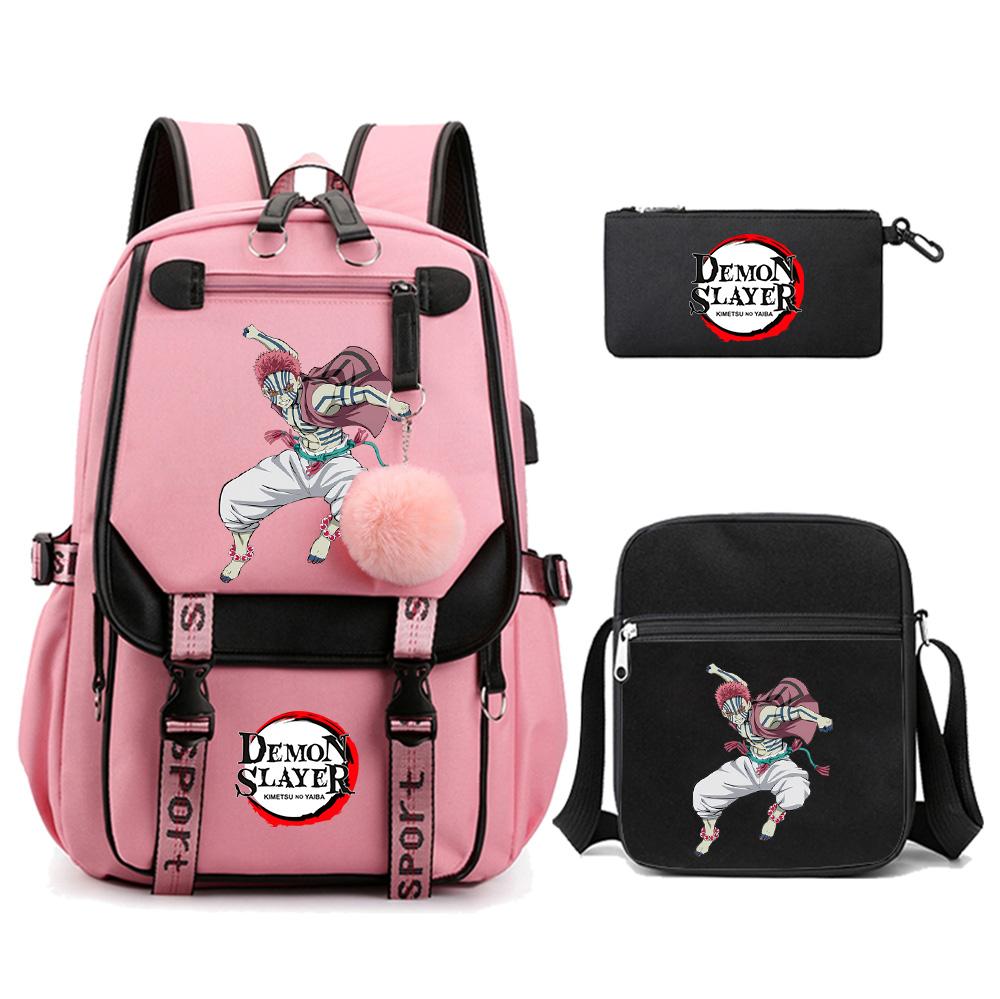 3Pcs/set Cartoon Demon Slayer Printed Backpack with Shoulder Bag for Teenager Student Girl Boy Bookbag Large Capacity Travel Bag