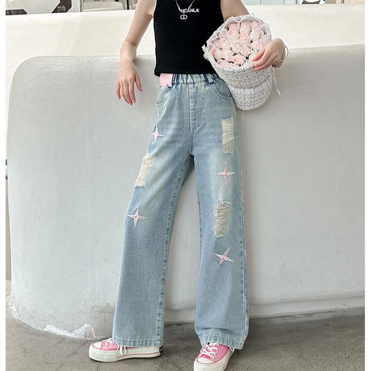 Girls' Wide Leg Pants Girls' Jeans Straight Leg Children's Ripped Jeans Spring and Autumn Styles