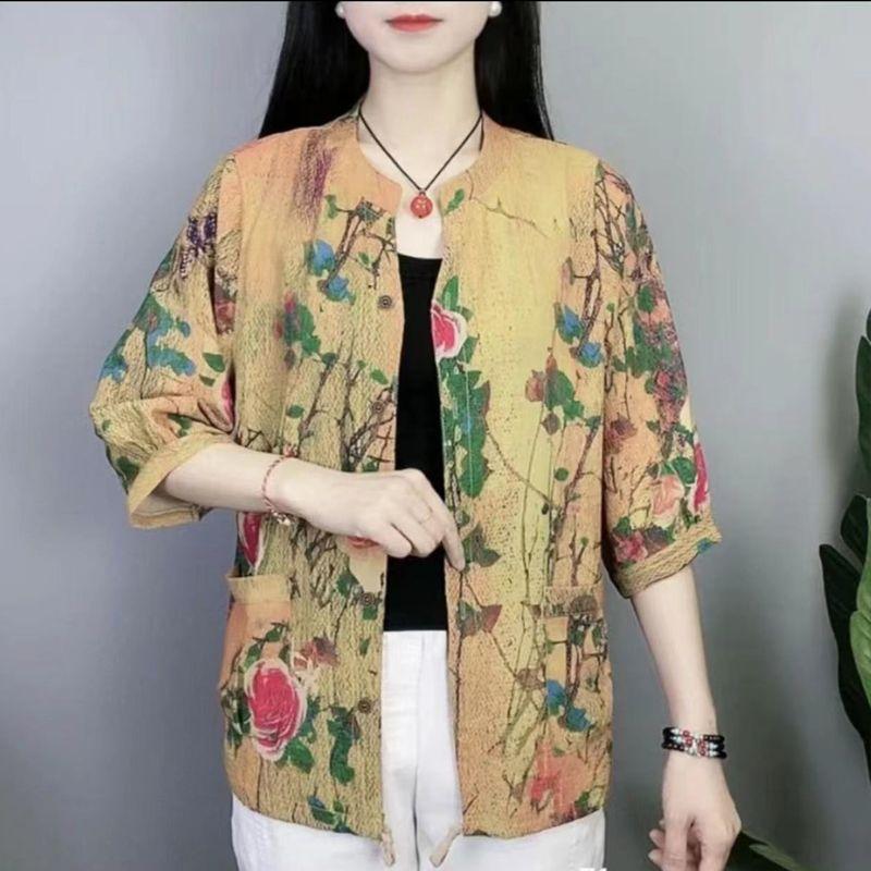 

Винтажная блузка на одной пуговице с цветочным принтом, весенне-летняя, тонкая, с рукавом три четверти, женская, модная, с карманами, скомбинированная рубашка 5XL жёлтый