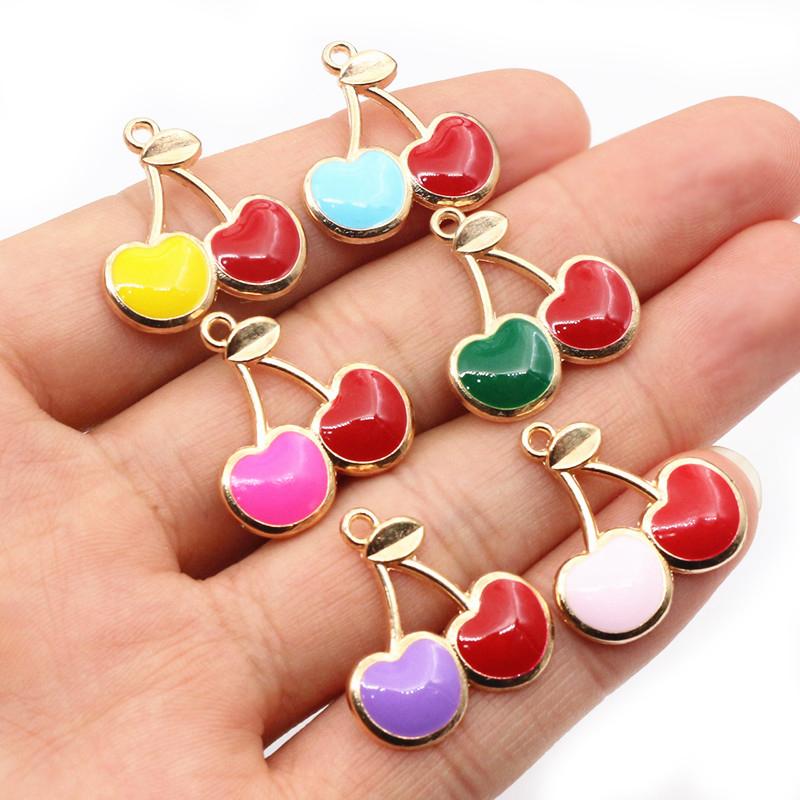 20pcs 22x20mm Enamel Cherries Charms Pendant Fruit Cherry Alloy Craft DIY Jewelry Making Accessories for Earrings Necklace