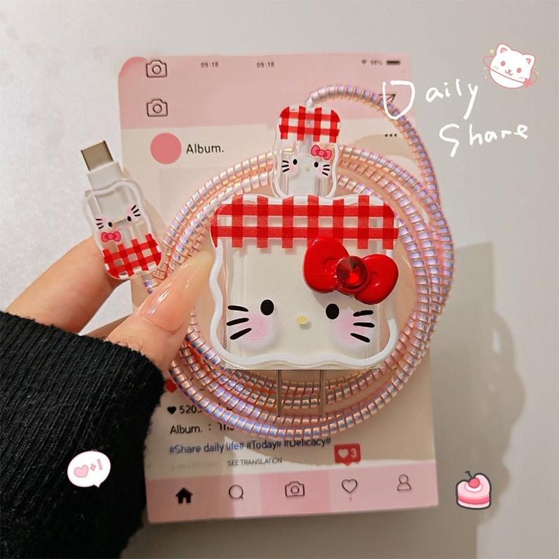 Leopard Print Hello Kitty Data Cable Protective Sleeve For Iphone 17 16 15 18/20W Charger Head Protector Cover Anti-Break Rope