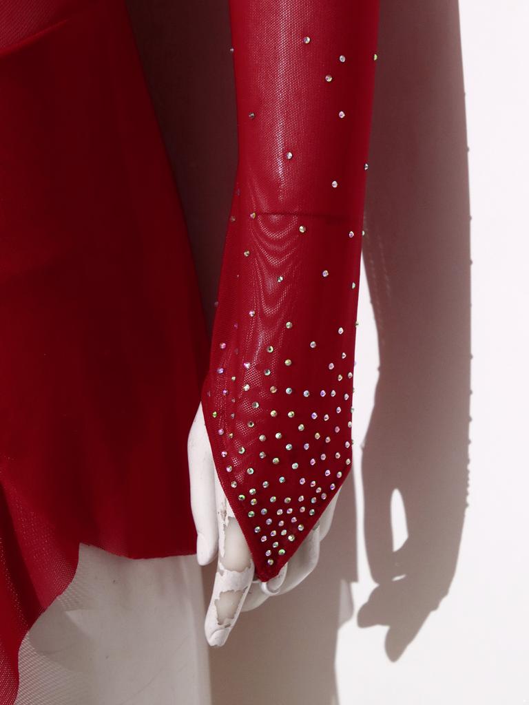 Damen Funkelndes Strass-Trikotkleid Durchsichtiges Netz Langarm Rollkragen Farbblockierung Asymmetrischer Saum für Eiskunstlauf Lateinische Performance