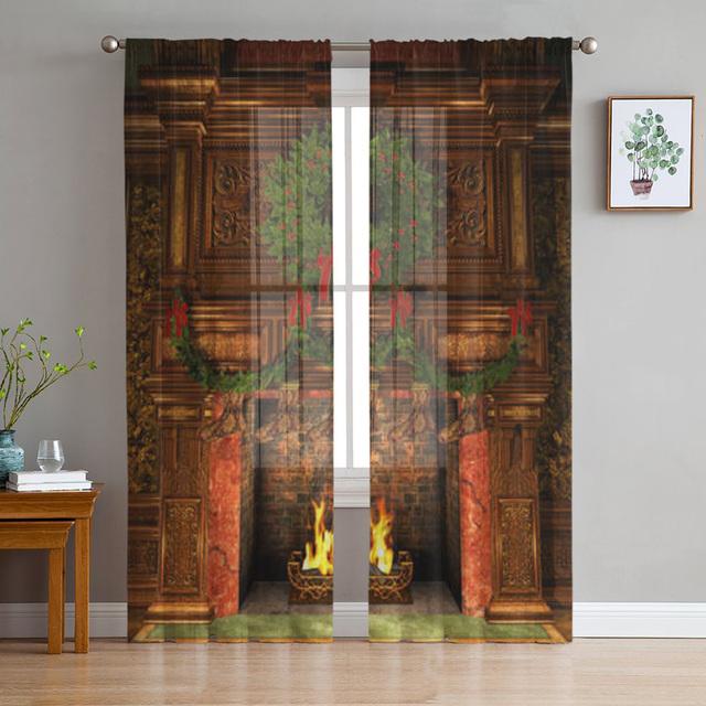 Weihnachtskamin Weihnachtssocken Tüllvorhänge für die Wohnzimmerdekoration Moderne Chiffon-Voile-Weihnachtsvorhänge
