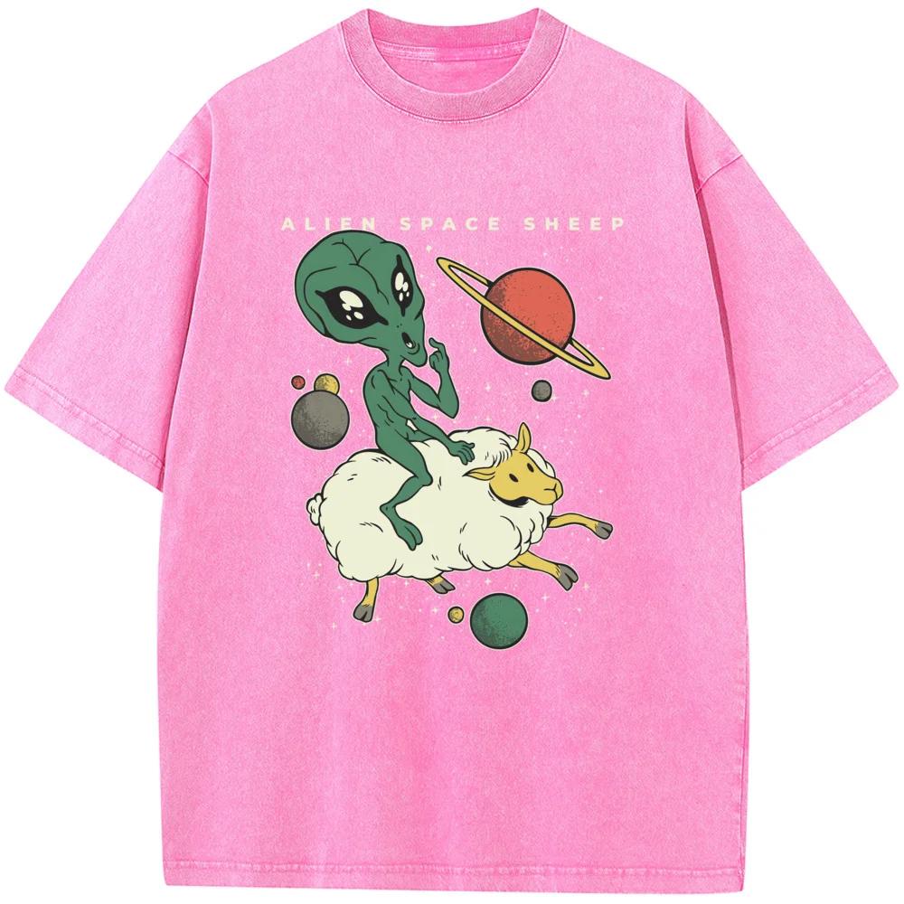 Alien Riding Sheep space T-shirt men's and women's casual fashion summer T-shirt water wash vintage T-shirt