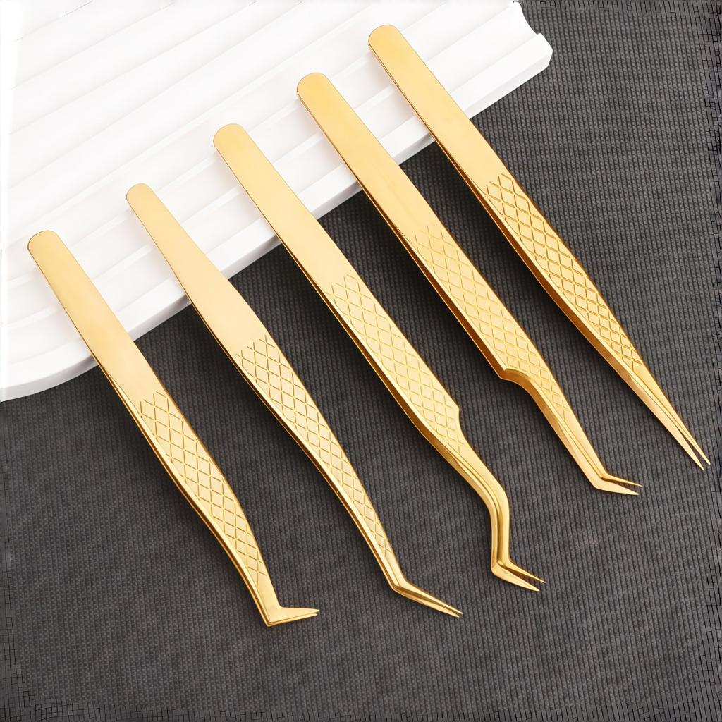 Golden High Precision Net Pattern Eyelash Extension Tweezers, Professional Beauty Lash Feather Clip, Durable False Eyelash Graft