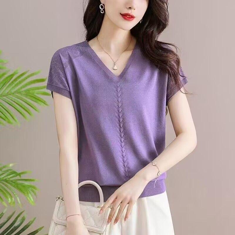 Women's Knitted T-shirt Summer Middle Aged Mom Summer Clothes Short Sleeved T-shirt Women's V-neck Shirt