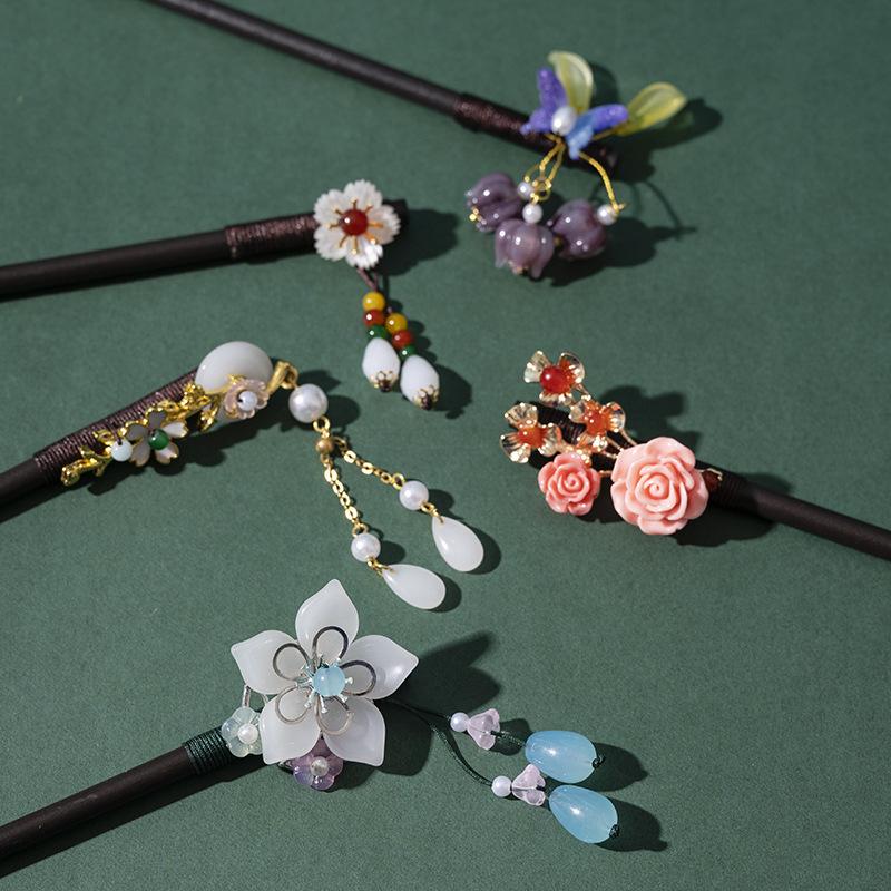 Ancient-Style Wooden Hairpins with Tassels - Chinese Hanfu Hair Accessories for Women