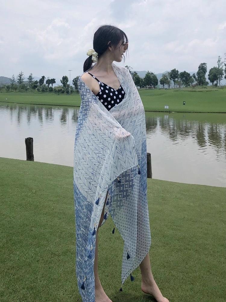 Elegant Women Silk Scarf Wrap Shawl Blue Print Sunscreen Bandanas Hijab Mujer Lady Scarve Pareo Headscarf Travel Boho Fashion