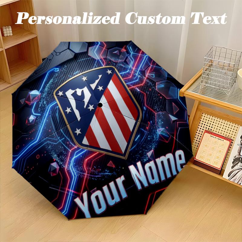 8 Rib Auto Folding Umbrella Atletico Madrid Print Custom Name Text Portable Rain Gear