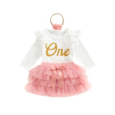 Infant Girl Long Sleeve Romper + Skirt + Hairband, Letter Print Lace Mesh Patchwork Holiday Clothing