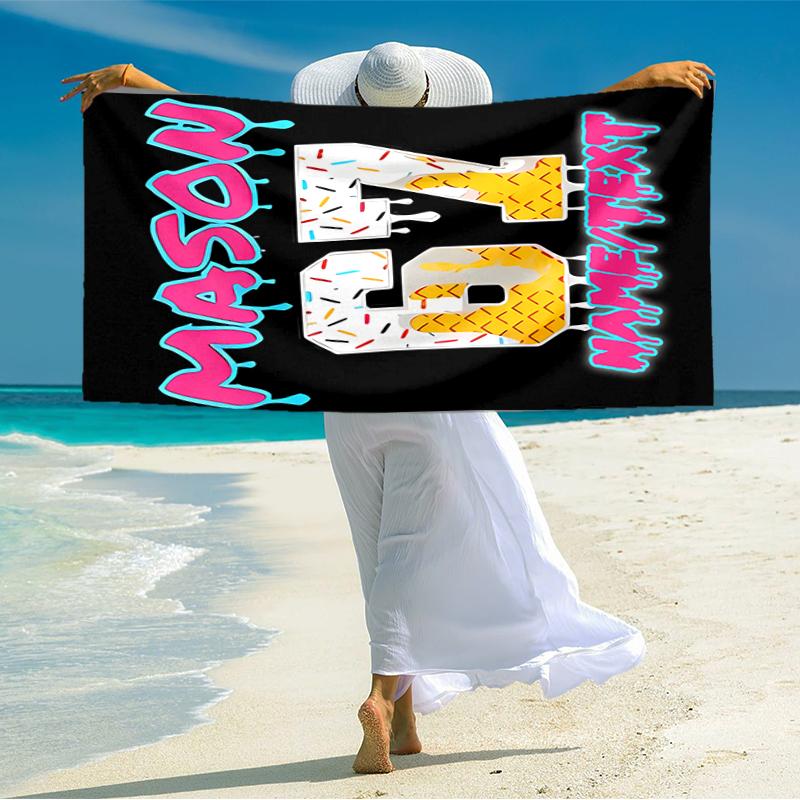 1PC Custom Name Ice Cream Celebration Beach Towel Highly Absorbent And Sand-Resistant Towel for Swimming, Pool, Yoga, And Travel Lightweight